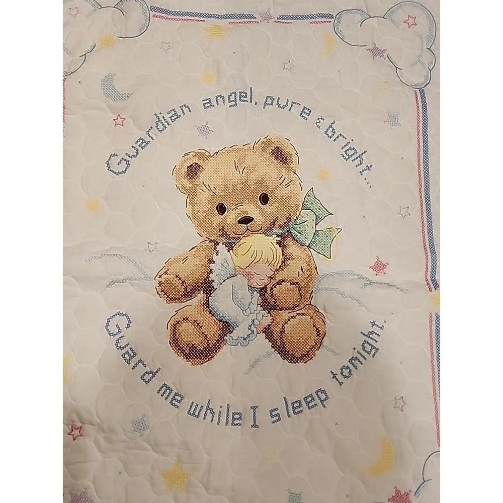 Handmade Cross Stitch Baby Blanket Bear & Guarding Angel Pastel Color  40"L X 29 - Picture 2 of 5